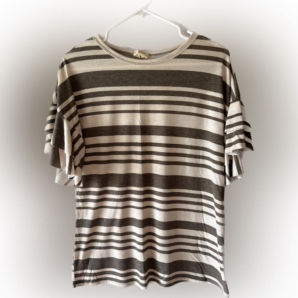 Short sleeve cream shirt with dark green stripes. Ruffled sleeves. Size small.